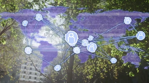 Sun glare activating purple map overlay avatar nodes forming and linking showing Stock Footage 334728963