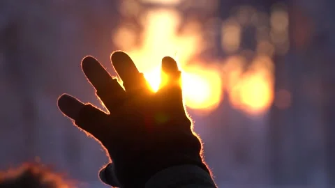 Sun glare heating the hand in snow forest in Finland Video stock 155273485