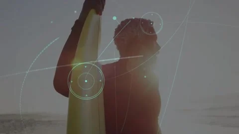 Sun glare initiating data visualization orbiting wetsuit-wearing man holding Stock Footage 319682593