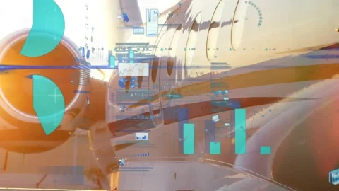 Sun glare starting data animating over jet engine intake and fuselage, charts Stock Footage 319682190