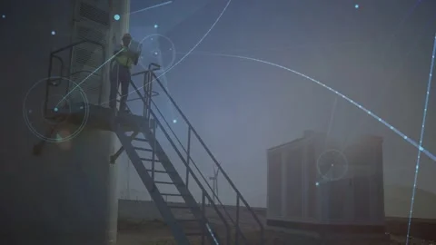 Sun glare starting HUD sweep, tech ascending stairs pausing, consulting handheld Stock Footage 332591725