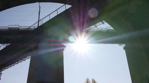 Sun glare through three overlapping railway viaducts. Stock Footage 141287931