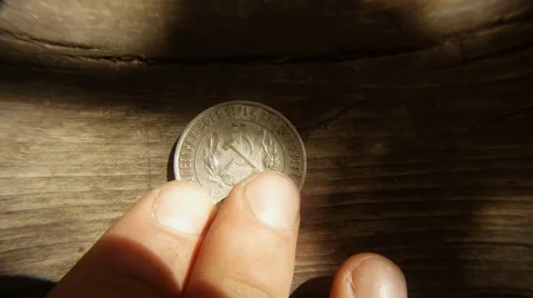 Sun Glare on Wooden Surface and Old Soviet Silver Ruble on Both Sides Close up Stock Footage 67169048