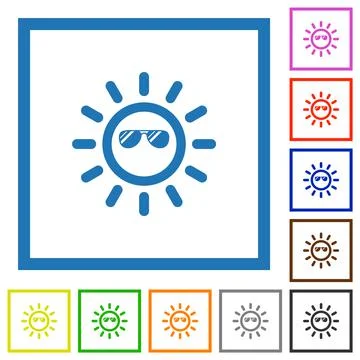 Sun with glossy sunglasses flat framed icons イラスト素材