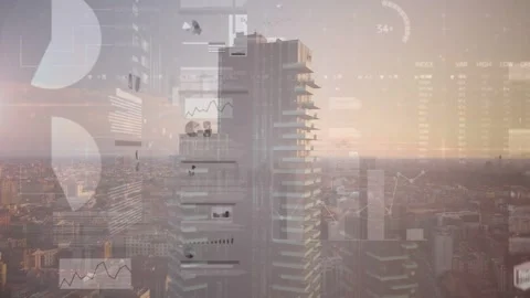 Sun glow starting data layers fading in while tower holding view and charts Stock Footage 333670795