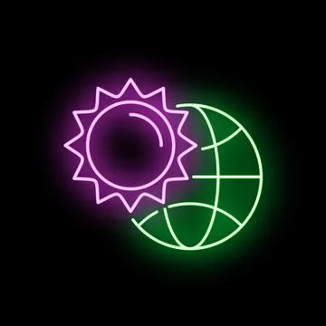 Sun glowing neon next to earth globe icon Stock Illustration