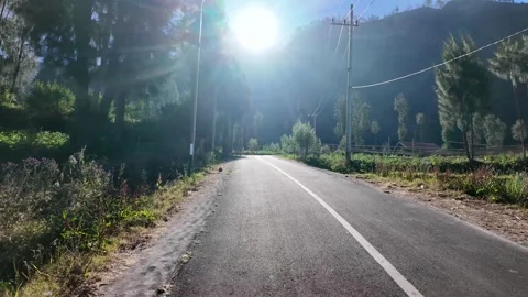Sun glows over winding road through green hills Stock Footage 345152418
