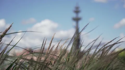 Sun goes behind the clouds. Grass, field, industrial buildings Video stock 137651350