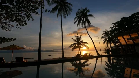 Sun goes down at the beach - mirror in the pool Stock Footage 194445334