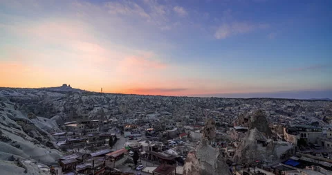 Sun goes down behind Uchisar Castle. Goreme, Cappadocia Turkey. Day to night Stock Footage 198138285
