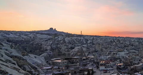 Sun goes down behind Uchisar Castle. Goreme, Cappadocia Turkey. Day to night Stock Footage 198140878