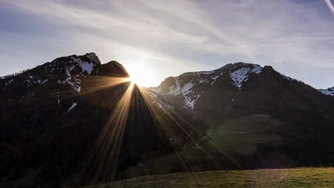 Sun going down behind mountains, Alps, Aosta, Italy, Europe Stock Footage 93213201