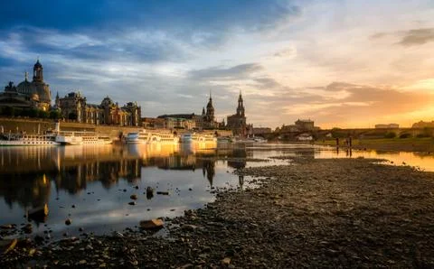 Sun going down at Elbe river in Dresden 写真素材