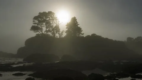Sun going down in the fog over a small island in a cove - timelapse Stock Footage 219764423