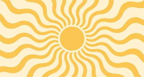 Sun groovy background, summer retro radial burst, yellow graphic wavy. Abstra 库存插图