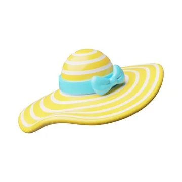 Sun hat with yellow stripes and a blue bow 3D style icon. Panama or female su Stock Illustration