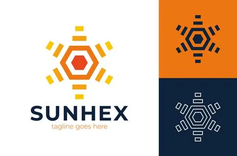 Sun hexagon gear vector logo. Creative morning Modern Sun with gear logo desi Stock Illustration