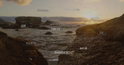 Sun hovering near horizon driving network overlaying inlet showing pulsing nodes Stock Footage 313756715