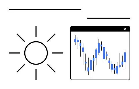 Sun icon beside a line graph displaying candle stick stock market data. Ideal イラスト素材
