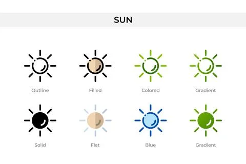Sun icon in different style. Sun vector icons designed in outline, solid, c.. Stock Illustration