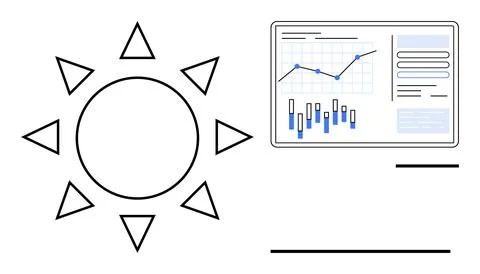 Sun icon paired with an analytics dashboard featuring graphs and charts. Idea イラスト素材