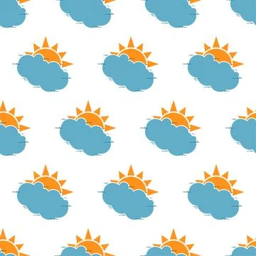 Sun icon with rays and cloud seamless pattern. Vector illustration of a weath 스톡 일러스트
