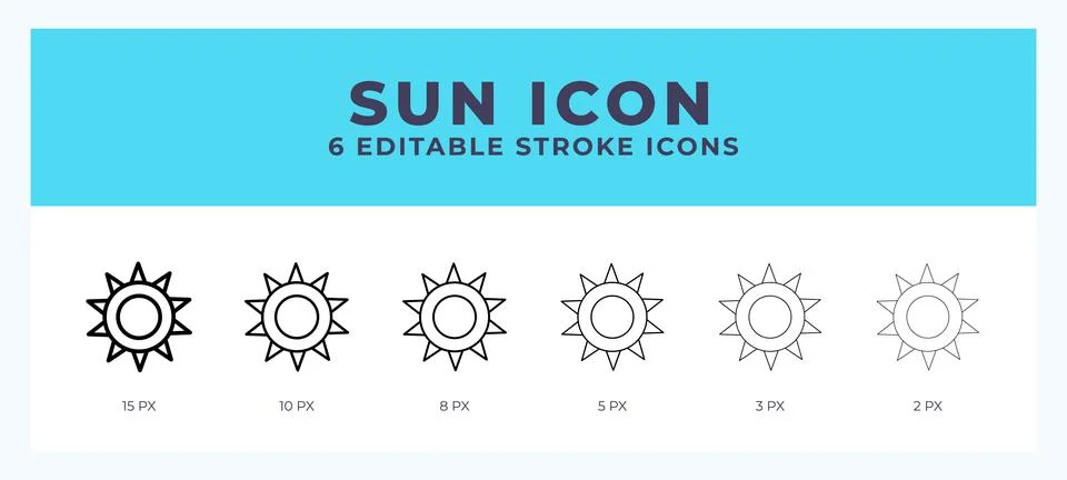 Sun icon set with different stroke. Vector illustration with editable stroke. Stock Illustration