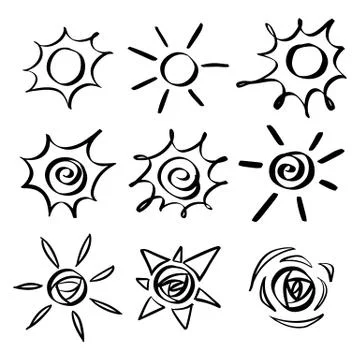 Sun icon set. Hand drawn. Stock Illustration