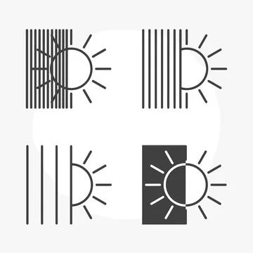 Sun icon set with light rays partially obscured by vertical lines and solid.. Stock Illustration