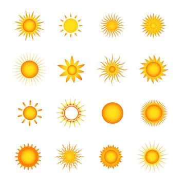Sun icon set in orange and yellow for summer season. Sky elements, weather .. Illustrazione stock