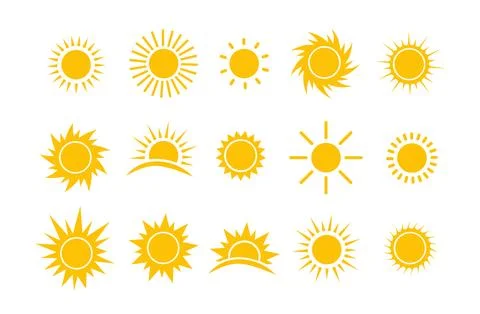 Sun icon set. Yellow sun star icons collection. Vector Illustrazione stock