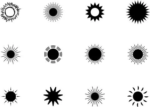 Sun icon set. Yellow sun collection. Sun rays. Hot summer weather symbol Stock Illustration