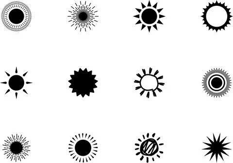 Sun icon set. Yellow sun collection. Sun rays. Hot summer weather symbol Stock Illustration