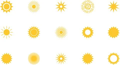 Sun icon set. Yellow sun collection. Sun rays. Hot summer weather symbol 스톡 일러스트