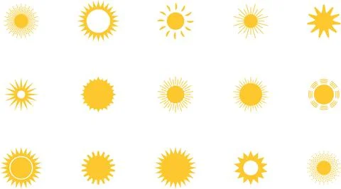 Sun icon set. Yellow sun collection. Sun rays. Hot summer weather symbol Stock Illustration