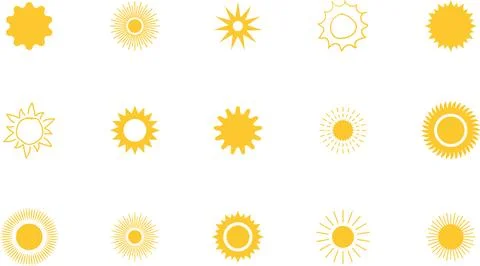 Sun icon set. Yellow sun collection. Sun rays. Hot summer weather symbol 스톡 일러스트