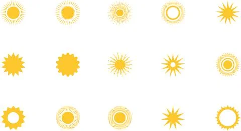 Sun icon set. Yellow sun collection. Sun rays. Hot summer weather symbol Stock Illustration