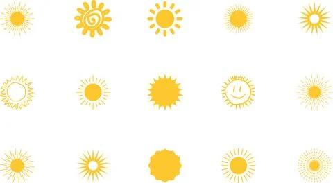 Sun icon set. Yellow sun collection. Sun rays. Hot summer weather symbol Stock Illustration