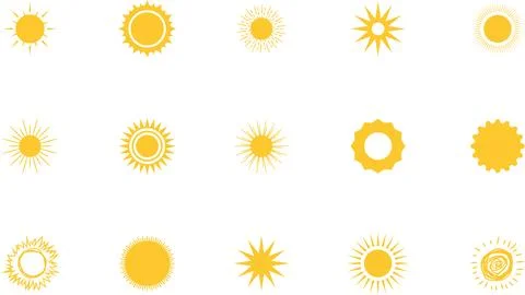 Sun icon set. Yellow sun collection. Sun rays. Hot summer weather symbol 库存插图