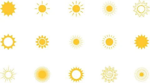 Sun icon set. Yellow sun collection. Sun rays. Hot summer weather symbol Stock Illustration