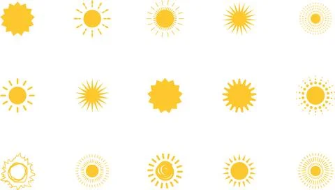 Sun icon set. Yellow sun collection. Sun rays. Hot summer weather symbol Stock Illustration