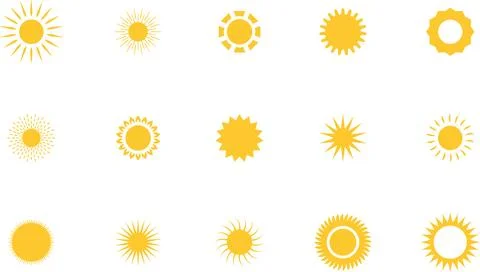 Sun icon set. Yellow sun collection. Sun rays. Hot summer weather symbol Stock Illustration