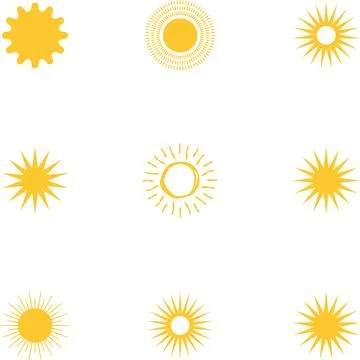Sun icon set. Yellow sun collection. Sun rays. Hot summer weather symbol Stock Illustration