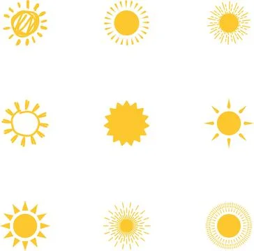 Sun icon set. Yellow sun collection. Sun rays. Hot summer weather symbol Stock Illustration