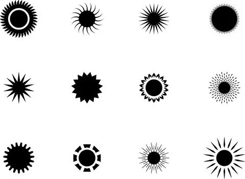 Sun icon set. Yellow sun collection. Sun rays. Hot summer weather symbol Stock Illustration