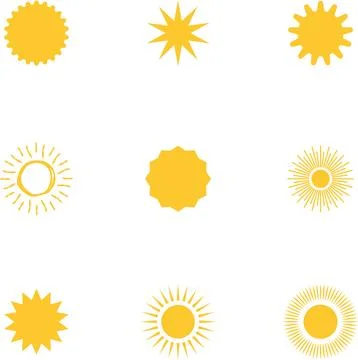 Sun icon set. Yellow sun collection. Sun rays. Hot summer weather symbol Stock Illustration