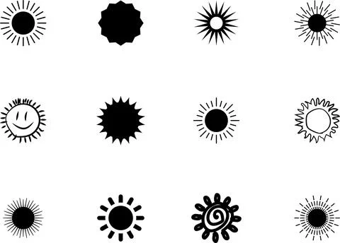 Sun icon set. Yellow sun collection. Sun rays. Hot summer weather symbol Stock Illustration