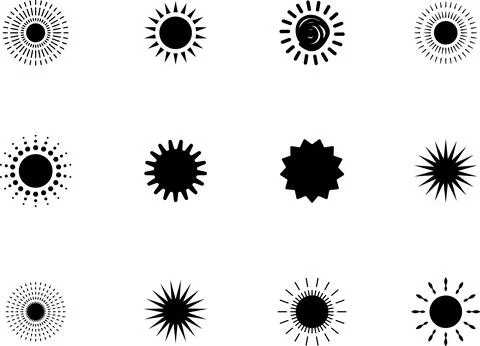 Sun icon set. Yellow sun collection. Sun rays. Hot summer weather symbol Stock Illustration