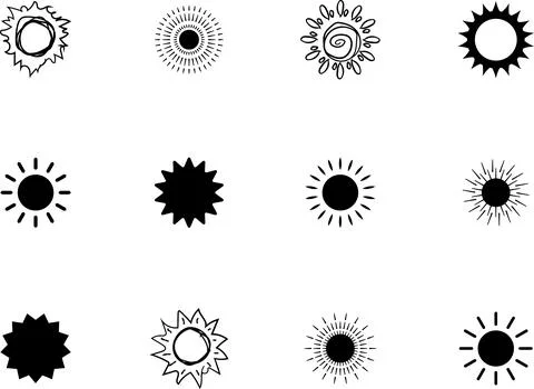 Sun icon set. Yellow sun collection. Sun rays. Hot summer weather symbol Stock Illustration