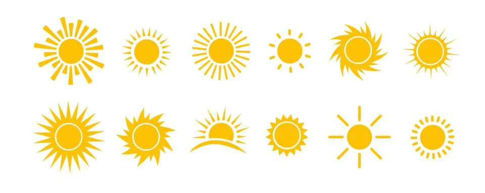 Sun icon vector set. Flat design. Collection of sun stars. Logo or weather icon Stock Illustration